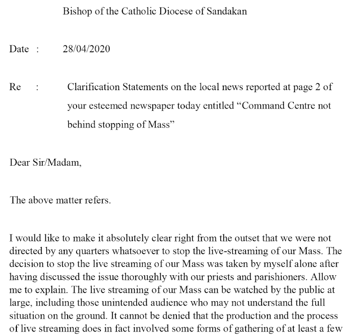Clarification Statements on the Daily Express newspaper reported at page 2 today entitled, “Command Centre not behind stopping of Mass”